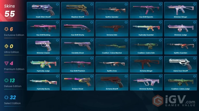EU | 55 Skins | RGX 11z Pro Firefly | Reaver Vandal | BlastX Spectre | Oni Phantom | Glitchpop Classic | Reaver Operator | Reaver Sheriff