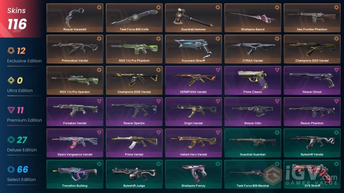 Eu | mail | 116 skins | Champions 2023 Vandal | 40000VP spent | Kuronami Sheriff  | Reaver | rgx | CYRAX | Primordium  | Champions 2025 Vandal