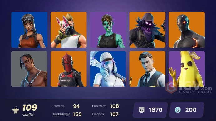 PC/PSN/Xbox/Nintendo  104 skins | Travis Scott | Renegade Raider | Gold Brutus | Gold Midas | Snake Eyes | Blackheart |