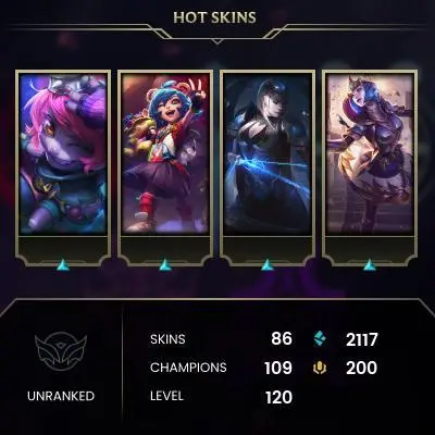 EUW | 86 SKINS | 109 CHAMPIONS | UNRANKED | 120 LVL | 2117 BE | MAIL CHANGEABLE LOL ACCOUNT
