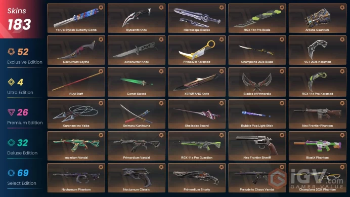 | EU | 183 SKINS | Champions 2024 Blade | Champions 2024 Phantom | VCT 2025 Karambit | Champions 2023 Vandal | ORA by OneTap Sheriff |
