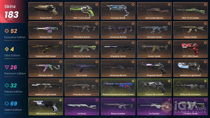 | EU | 183 SKINS | Champions 2024 Blade | Champions 2024 Phantom | VCT 2025 Karambit | Champions 2023 Vandal | ORA by OneTap Sheriff |