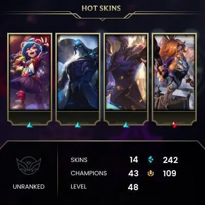 EUW / UNRANKED / 43 Champ / 14 Good Skins(1 Mythic, 1 Legendary, 4 Epic) / HONOR 3 / S2 ACC /HANDMADE / FULL ACCES / LIFETIME WARRANTY / CHEAP