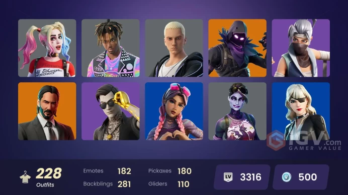 [ALL PLATFORMS]-228 Skin (134 PAID)-220 pickaxes - 182 emotes -110 gliders-270K V-BUCKS SPEND-FULL ACCESS-