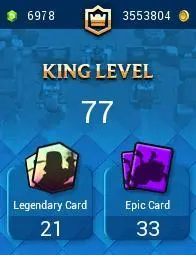 Level 77-KT16- 11 Max Cards Level 16-89 Cards Level 15- 121 Cards Level 14- Free Name Change- 175 Emote- 17EVO- 14 Skin Tower- Lifetime Warranty