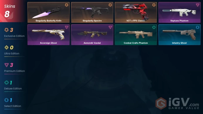 Eu / 8 Skins / 1 Knife / Singularity Butterfly Knife / VCT x FPX Classic / Aemondir Vandal / Singularity Spectre