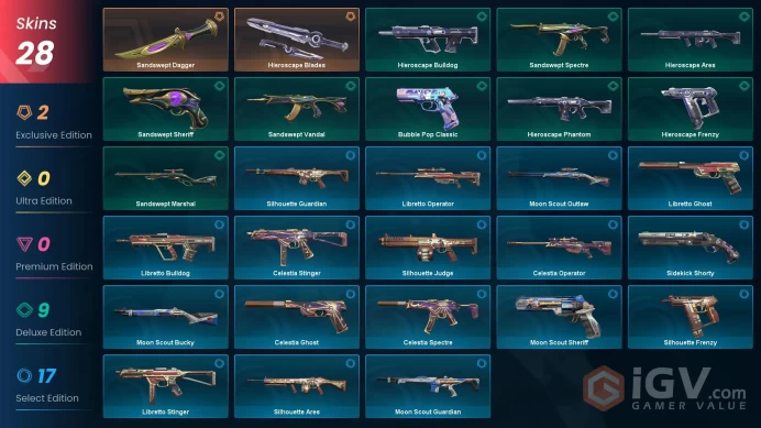  EU  2 KNIFE  28 SKINS  Sandswept Dagger  Hieroscape Blades  RANKED READY  119 LEVEL  DhgU4 