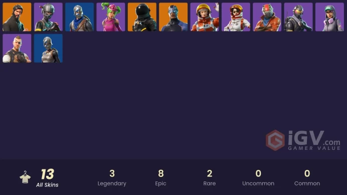 13 SKINS + ROYALE KNIGHT + THE REAPER + BLUE SQUIRE + TAKE THE L + BUS BANNER + TIDY + CARBIDE + MOONWALKER + RUST LORD + ELITE AGENT