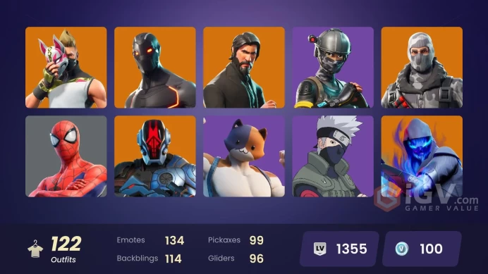 122 SKINS + THE REAPER + NARUTO UZUMAKI + STW OLD + HAVOC + TAKE THE L + ELITE AGENT + NAOMI OSAKA + KAKASHI HATAKE + OMEGA + DRIFT