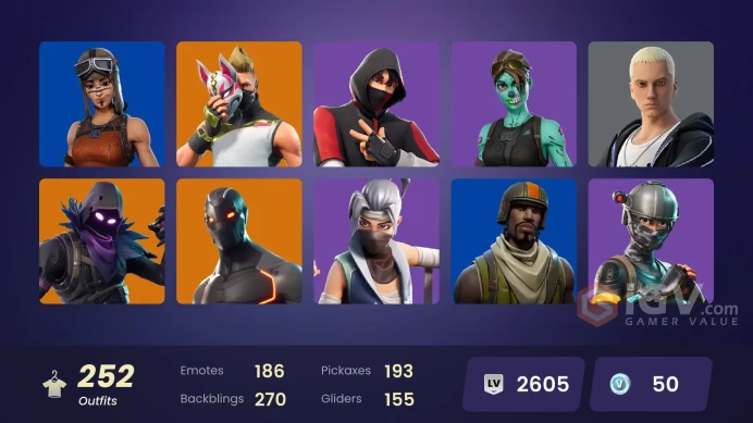 252 SKINS + IKONIK + MERRY MINT AXE + TAKE THE L + WORLD WARRIOR + GOLD MIDAS + ELITE AGENT + THE JOKER + SHAQ (DJ DIESEL) + ASTRA