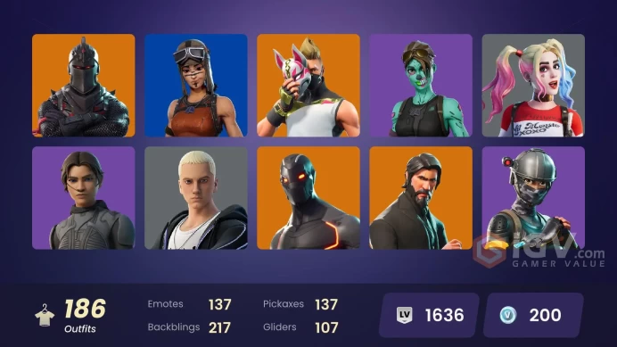 186 SKINS + BLACK KNIGHT + POLO PRODIYGY + HARLEY QUINN + AC/DC + STARFIRE + SNOWY OPS + HUMAN BILL + FROZONE + FINN THE HUMAN