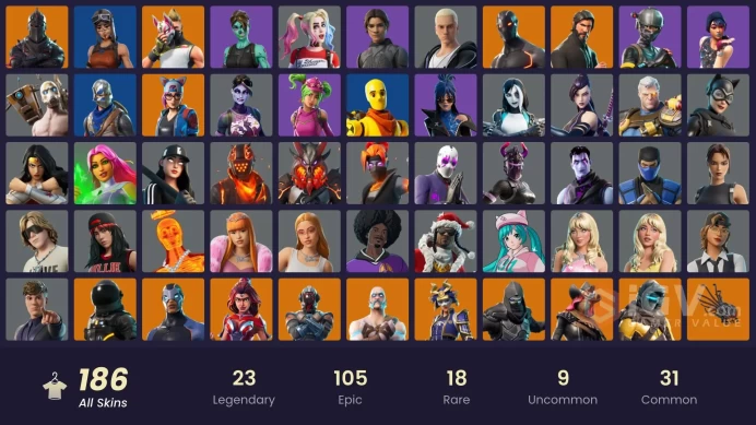 186 SKINS + BLACK KNIGHT + POLO PRODIYGY + HARLEY QUINN + AC/DC + STARFIRE + SNOWY OPS + HUMAN BILL + FROZONE + FINN THE HUMAN