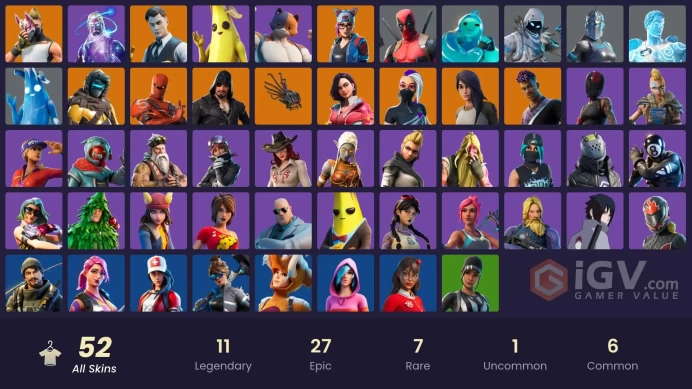 52 SKINS + GALAXY + VERVE + STELLAR AXE + GALACTIC DISC + DISCOVERY + FROZEN RAVEN + SASUKE UCHIHA + BURNOFF + SCUBA JONESY + PEELY