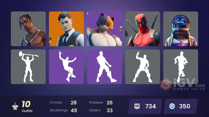 10 skins | Travis Scott | Astro Jack | Gold Brutus | Gold Midas | Gear Specialist Maya | Deadpool | Skye | TNTina | Meowscles | Agent Peely