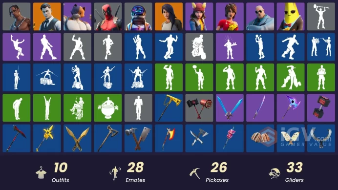 10 skins | Travis Scott | Astro Jack | Gold Brutus | Gold Midas | Gear Specialist Maya | Deadpool | Skye | TNTina | Meowscles | Agent Peely