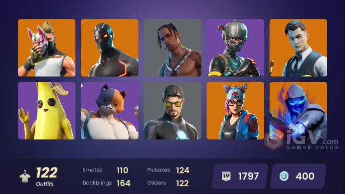121 skins Travis Scott | Take The L | Leviathan Axe | Gold Midas | Elite Agent | Blackheart | Valor | Calamity | Catalyst | Fusion | Enforcer