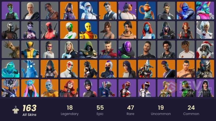 163 skins | Glow | Travis Scott | Gold Brutus | Gold Midas | Clutch | Curse Buster | Tart Tycoon | Grind | Trilogy | Fixer | Cloud Striker