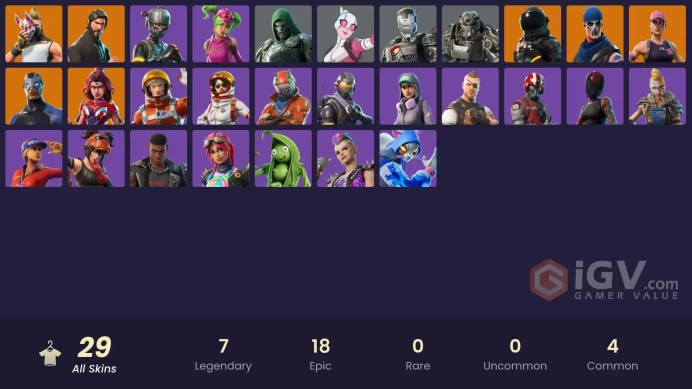 29 skins | OG STW | The Reaper | Elite Agent | Take The L | Rogue Agent | Dark Voyager | Carbide | Drift | Valor | Doom | War Machine | Gwenpool