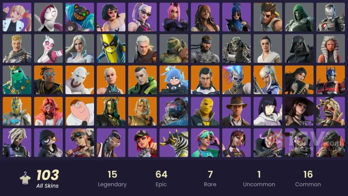 103 skins | Peter Griffin | Malik | Renzo the Destroyer | Paradigm (Reality-659) | Nezumi | Spectra Knight | Snap | Zeus | Twyn | Hades | 350 VB