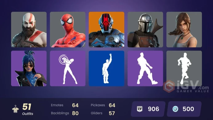51 skins | Kratos | Joey | Predator | Menace | Peter Griffin | Valeria | Kymera | Fade | The Foundation | Ronin | Mandalorian | Spider-Man | 500