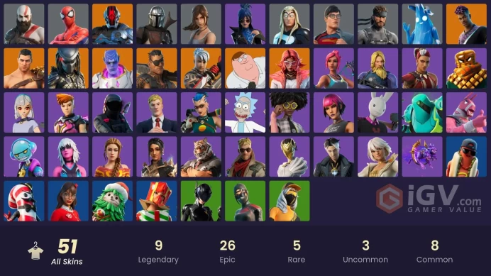 51 skins | Kratos | Joey | Predator | Menace | Peter Griffin | Valeria | Kymera | Fade | The Foundation | Ronin | Mandalorian | Spider-Man | 500