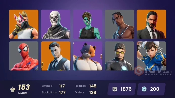 153 skins | OG STW | Travis Scott | Gold Midas | Gold Brutus | Gold Meowscles | Gold TNTina | John Wick | Chun-Li | Menace | Omen | 200 VB