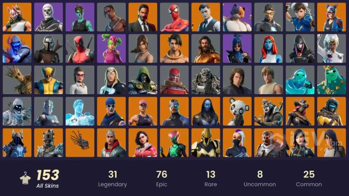 153 skins | OG STW | Travis Scott | Gold Midas | Gold Brutus | Gold Meowscles | Gold TNTina | John Wick | Chun-Li | Menace | Omen | 200 VB
