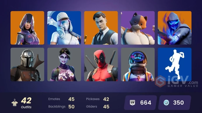 42 skins | Glow | Astro Jack | Gold Midas | Gold Brutus | Point Patroller | Gear Specialist Maya | Fusion | Fade | Predator | Dark Bomber