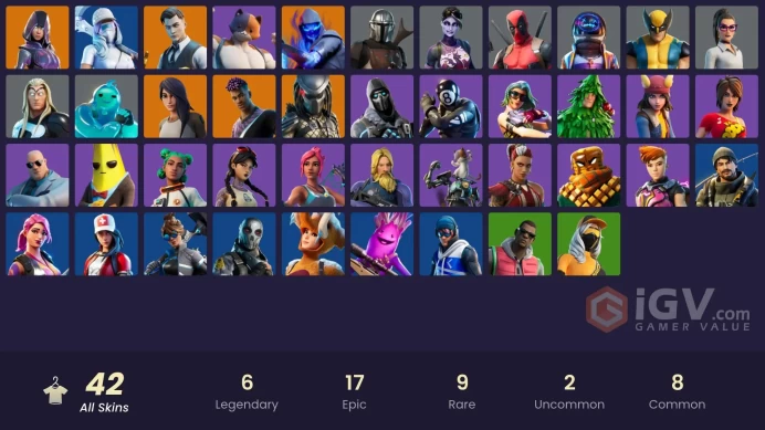 42 skins | Glow | Astro Jack | Gold Midas | Gold Brutus | Point Patroller | Gear Specialist Maya | Fusion | Fade | Predator | Dark Bomber