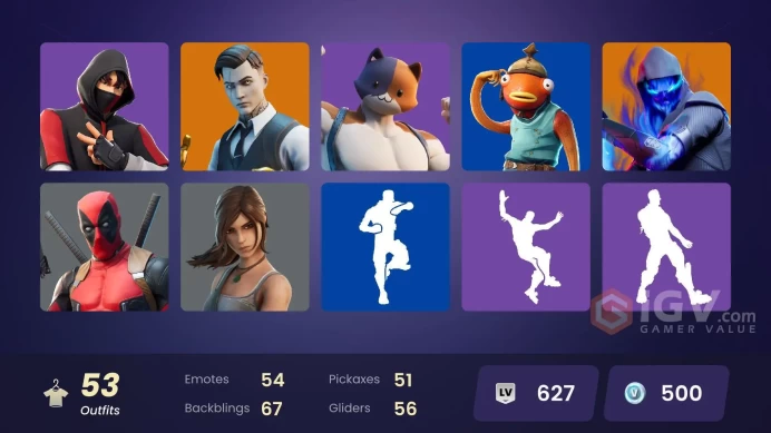 53 skins | OG STW | IKONIK | Blue Team Leader | Fishstick (World Cup) | Gear Specialist Maya | Catalyst | Midas | Ultima Knight | Singularity