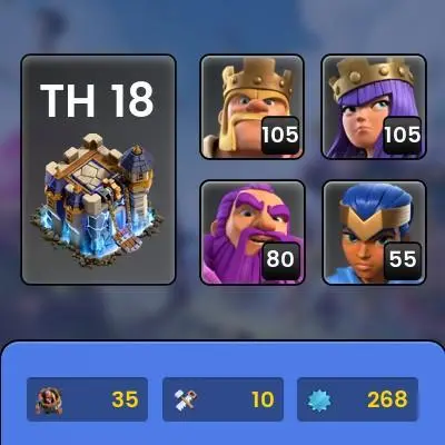 Th18, Xp 268, All 5 Heroes Max { 7 Rare Epic Max } Nc Free, 6000 Gem, 3450 WAR STAT, 21k legend Trophy, 25 Skin Hero, 125 Wall Max, Android iOS