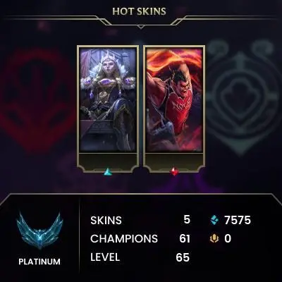 [EUW] Season 15 | Platinum 4 %88 WR | 5 Skins | 7.5K BE | Honor 1 | 61 Champs | CHANGEABLE E-MAIL Wins: 29 Losses: 4