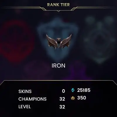  【 NA 】 ⸱ Iron IV 0% WR +34Games  | Hand - ( leveled + De-ranked  ) | Unverified  | 25185 BE  | 350 RP  | Untouched-Loot  | Check Description 