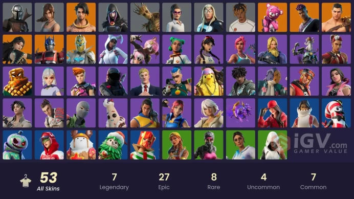 PC,PSN,XBOX 53 SKINS FA - MANDALORIAN,RAGSY,LARA CROFT,CAPER,RUBY,MYSTERIOUS FATE,COZY CHOMPS,CLUCK RK496