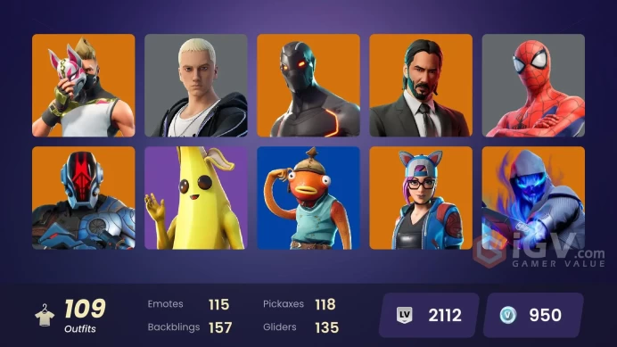 PC,PSN,XBOX 109 SKINS FA - JOHN WICK - LYNX,CLOAKED SHADOW,SPIDER MAN,CRUSHER,FISHSTICK,LYNX RK527