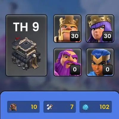 [Code 8321] Th9 XP 102 + Clan level 8 / Semi Max / Very Cheap