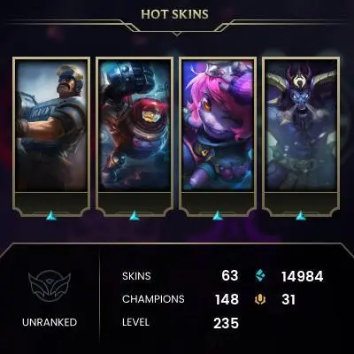 【EUW】Level 225    160 Champ/ 63 Skins   Full Access   High Quality Account  Instant Delivery️