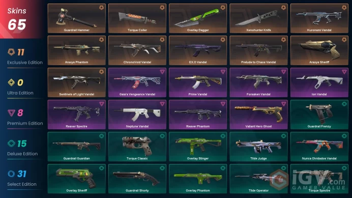 EU | 65 Skins | Xenohunter Knife | Prelude To Chaos Vandal | EX.O Vandal | Kuronami Vandal | Araxys Phantom | Valiant Hero Ghost | Araxys Sherif