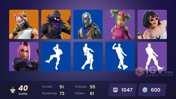 40 skins/full access/blue squire/pc,psn,nintendo/royale knight/take the l/mako/20 paid emotes/battle bus banner