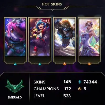 [EUW] Season 15 | Emerald 3 %60 WR | 523 Level | 145 Skins | 74.3K BE | Honor 4 | Full Champ | CHANGEABLE E-MAIL Wins: 42 Losses: 29