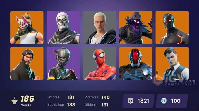 186 SKINS + THE REAPER + MERRY MINT AXE + WORLD WARRIOR + GOLD MIDAS + SUBZERO CRYPTIC + RAGE + RAP BOY + GWENPOOL