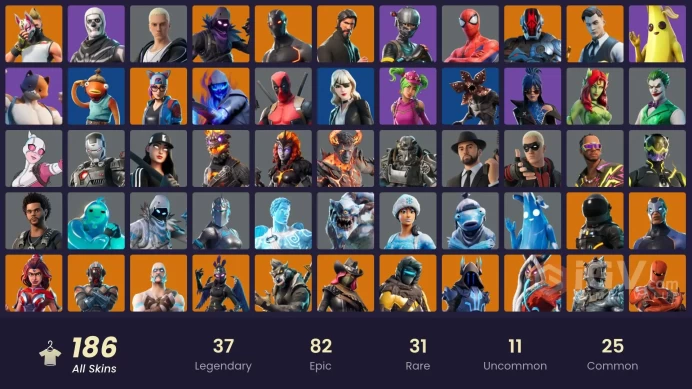 186 SKINS + THE REAPER + MERRY MINT AXE + WORLD WARRIOR + GOLD MIDAS + SUBZERO CRYPTIC + RAGE + RAP BOY + GWENPOOL