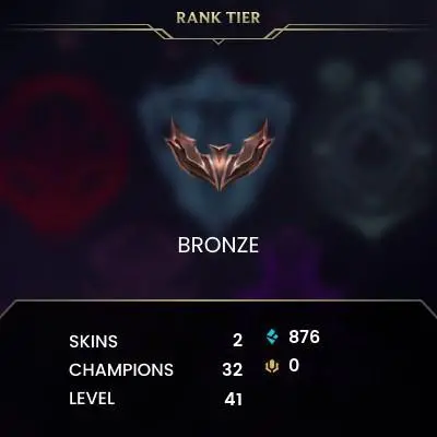 Bronze IV (0 LP) / EUW / BE: 876 / CHAMPS: 32 / Valkyrie Leona, Crime City Nightmare Zyra / Executioner Mundo, SSG Taliyah, Level: 41 / HAND