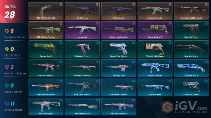 EU [ 28 TOP SKINS + 1 KNIFE ] RGX 11z Pro Karambit + Champions 2025 Vandal + EX.O Vandal + RGX 11z Pro Phantom + Imperium Vandal / full acces 