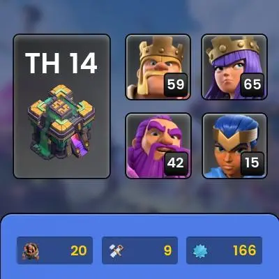 Th14 full max, 5 Equipment epic, Defense high level, Wall max, 500 Change name, 114 League medal, Magic item, Hero High level, Lifetime Warranty