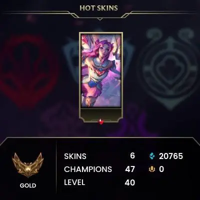 Gold III (53 LP) / EUW / 56% WR / BE: 20765 / CHAMPS: 47 / Three Honors Shen, Star Guardian Kai'Sa, Three Honors Akshan, Three Honors Malzah