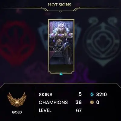 Gold IV (40 LP) / EUW / 67% WR / BE: 3210 / CHAMPS: 38 / SKT T1 Zac, PsyOps Vi, Pumpkin Prince Amumu, Guardian of the Sands Kha'Zix, Victori