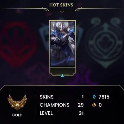 Gold IV (51 LP) / EUW / 80% WR / BE: 7615 / CHAMPS: 29 / Worlds 2021 Jarvan IV / Santa Braum, Mecha Aatrox, Dawnbringer Riven, Level: 31 / H