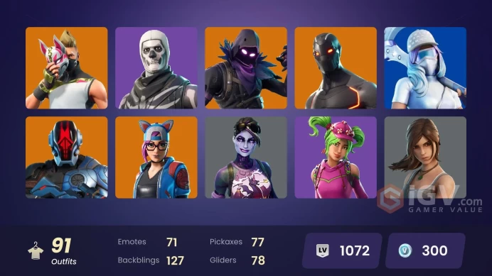 91 skins/full access/omega/carbide stage 5/for pc,psn,xbox,nintendo/17 paid skins/21 paid emotes/rare emotes/og skins