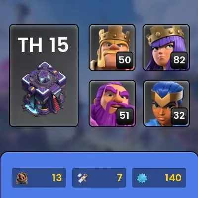 [14700 Gems]||Th15 Stacked Account||1650 Cwl Medals||Heros:51-82-56-51-33||5 Epic||Free Nc||Loaded Magic Items